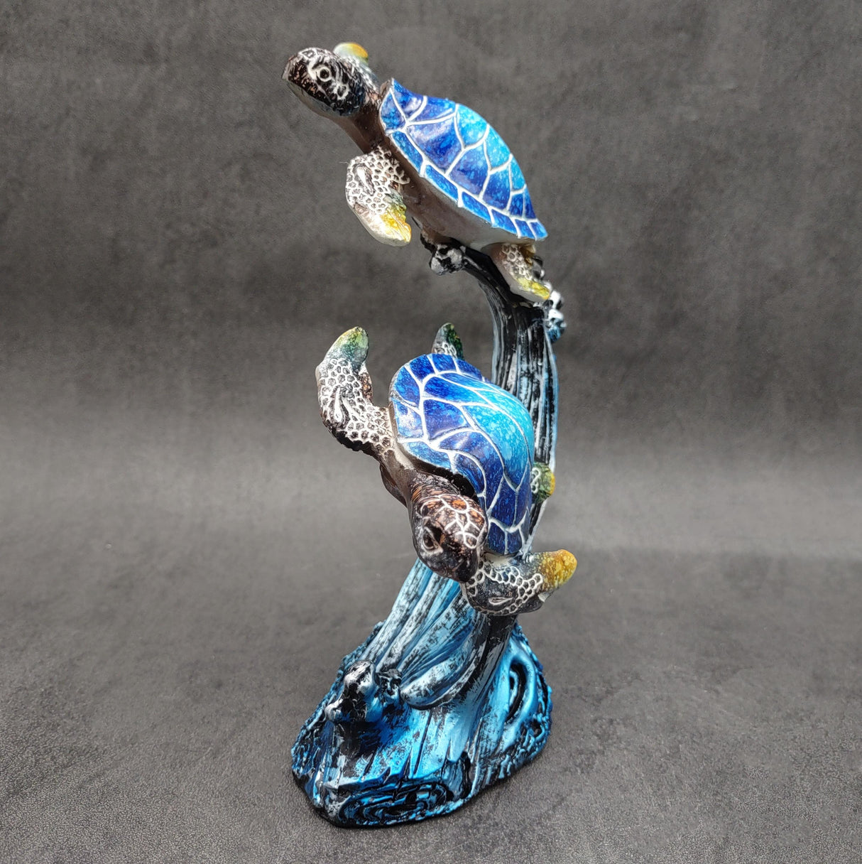Two Blue Sea Turtles Swimming Sculpture (1 figurine approx. 7+ inches tall) Resin Sea Turtle Pair for coastal home decor & collectibles!