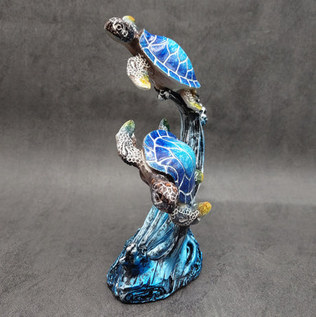 Two Blue Sea Turtles Swimming Sculpture (1 figurine approx. 7+ inches tall) Resin Sea Turtle Pair for coastal home decor & collectibles!
