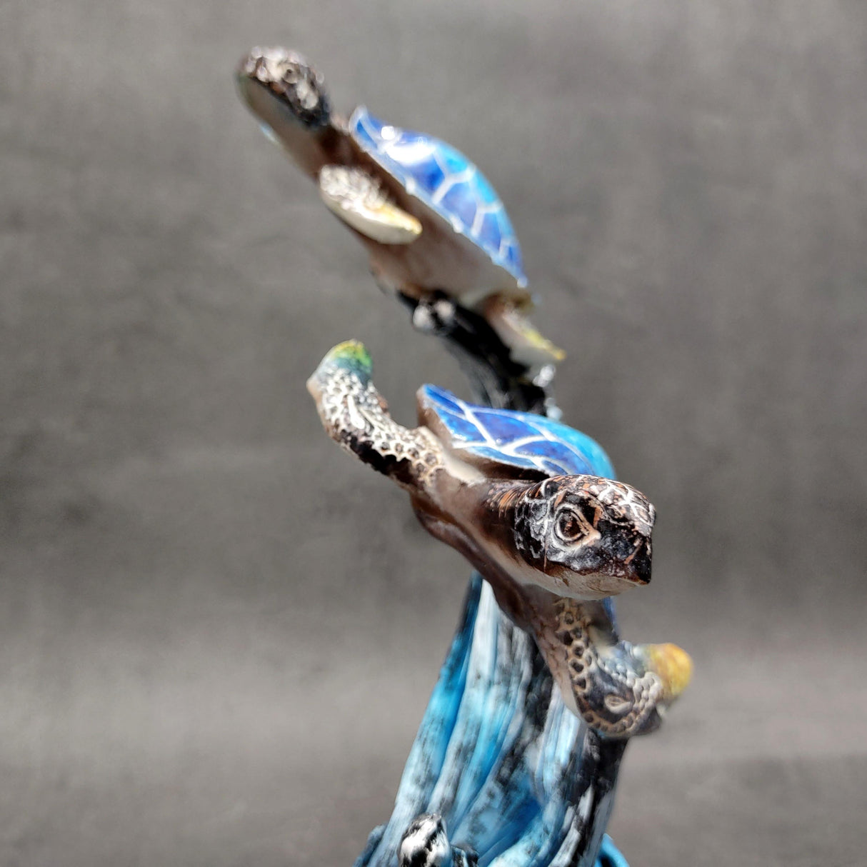 Two Blue Sea Turtles Swimming Sculpture (1 figurine approx. 7+ inches tall) Resin Sea Turtle Pair for coastal home decor & collectibles!