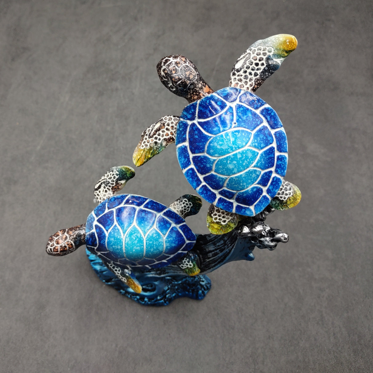Two Blue Sea Turtles Swimming Sculpture (1 figurine approx. 7+ inches tall) Resin Sea Turtle Pair for coastal home decor & collectibles!