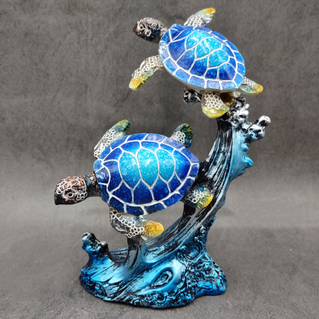 Two Blue Sea Turtles Swimming Sculpture (1 figurine approx. 7+ inches tall) Resin Sea Turtle Pair for coastal home decor & collectibles!