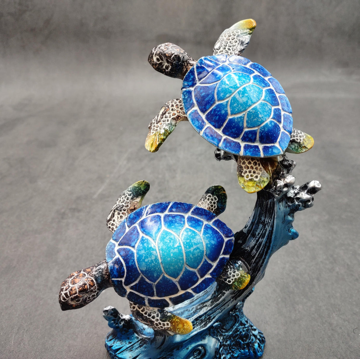 Two Blue Sea Turtles Swimming Sculpture (1 figurine approx. 7+ inches tall) Resin Sea Turtle Pair for coastal home decor & collectibles!