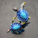 Two Blue Sea Turtles Swimming Sculpture (1 figurine approx. 7+ inches tall) Resin Sea Turtle Pair for coastal home decor & collectibles!