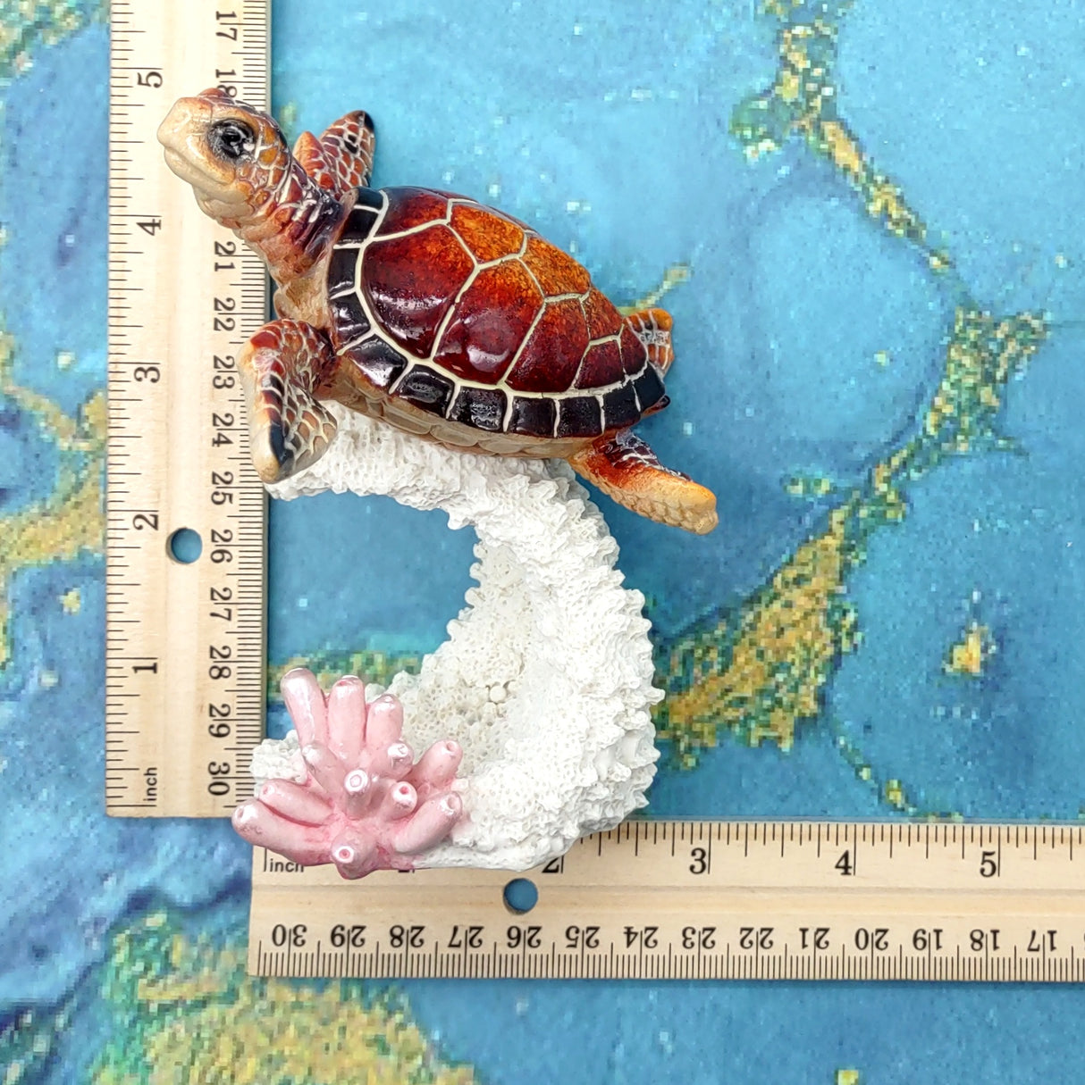 Red Orange Turtle Painted Resin Figurine on Coral (1 turtle approx. 5+ inches) Red Painted Resin Turtle Figure for coastal home decor!