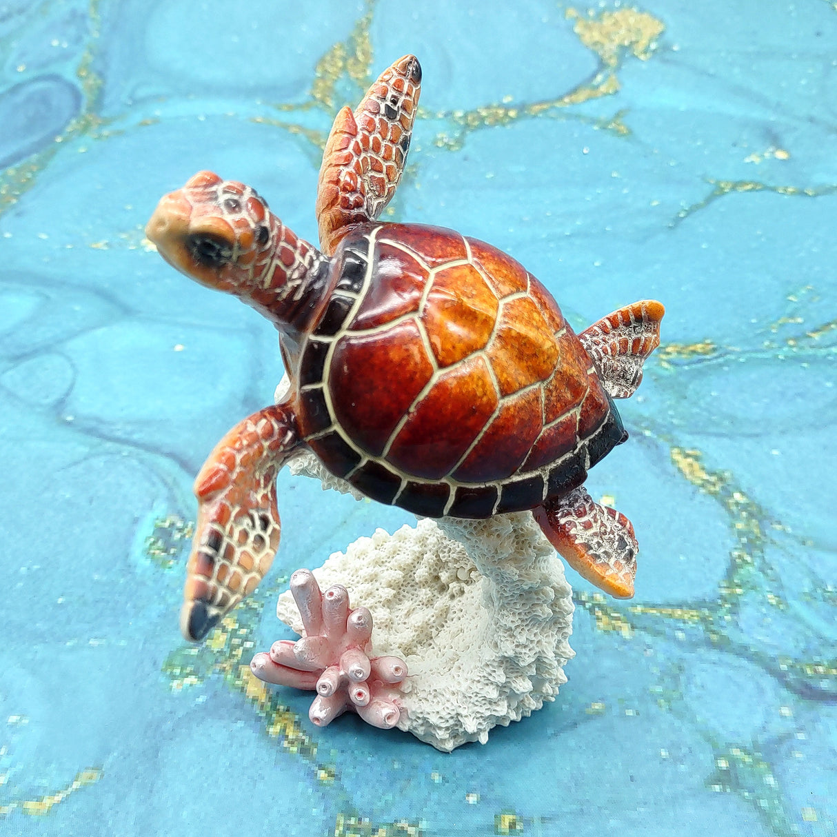 Red Orange Turtle Painted Resin Figurine on Coral (1 turtle approx. 5+ inches) Red Painted Resin Turtle Figure for coastal home decor!