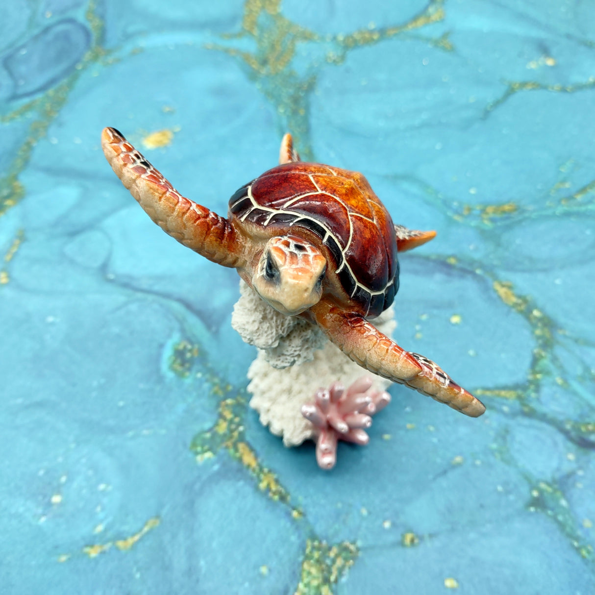 Red Orange Turtle Painted Resin Figurine on Coral (1 turtle approx. 5+ inches) Red Painted Resin Turtle Figure for coastal home decor!