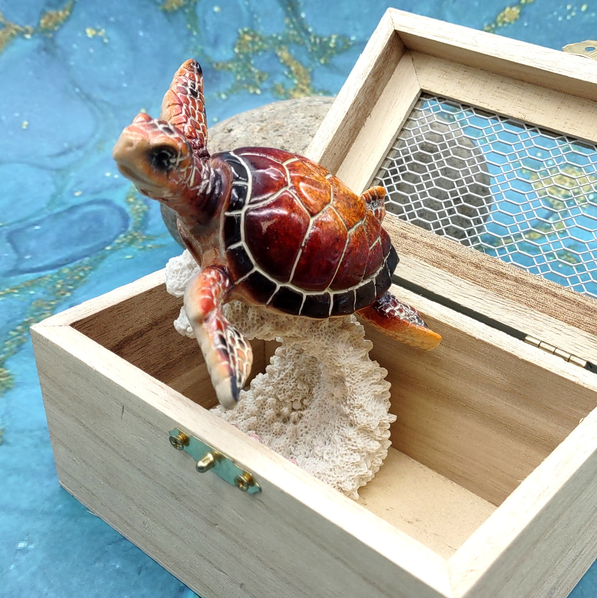 Red Orange Turtle Painted Resin Figurine on Coral (1 turtle approx. 5+ inches) Red Painted Resin Turtle Figure for coastal home decor!
