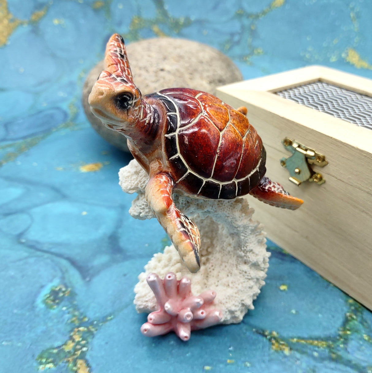 Red Orange Turtle Painted Resin Figurine on Coral (1 turtle approx. 5+ inches) Red Painted Resin Turtle Figure for coastal home decor!