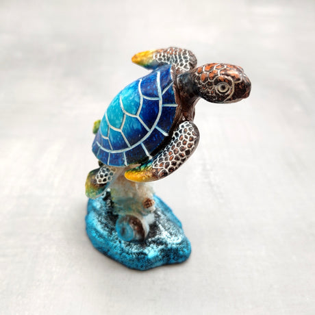 Blue Sea Turtle Figurine Painted Resin (1 figure approx. 3.5+ inches tall) Ocean Blue Sea Turtle for coastal home decor gifts & collecting!