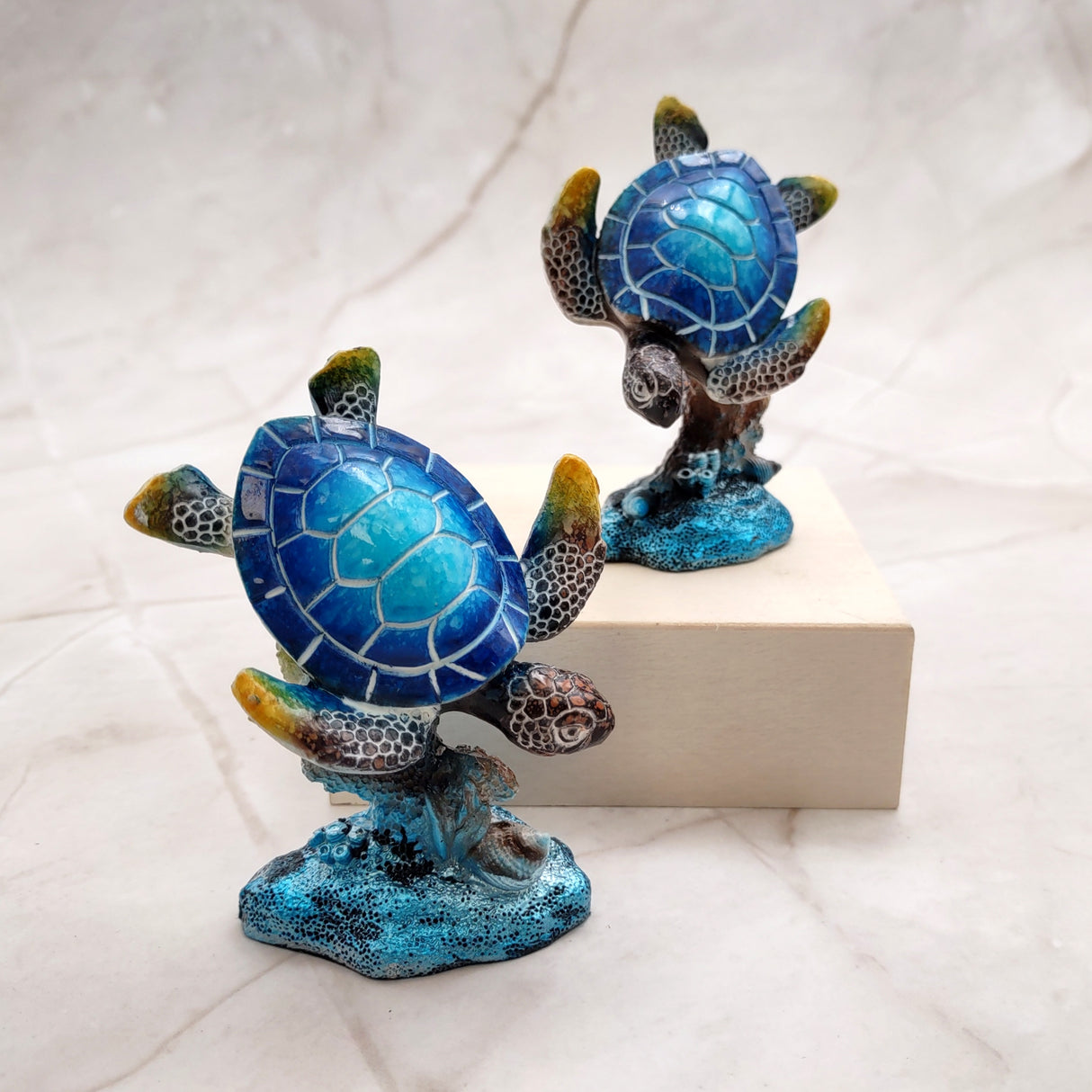 Ocean Blue Painted Resin Sea Turtle Figurine (1 figure approx. 3.5+ inches tall) Blue Sea Turtle for coastal home decor gifts & collecting!