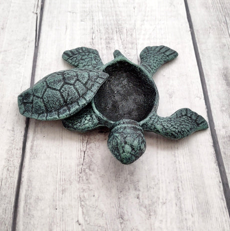 Green Sea Turtle Key Box With Lid Metal (1 key box approx. 5+ inches) Dark Aged Green Cast Iron Sea Turtle Box for keys trinkets & gifting!