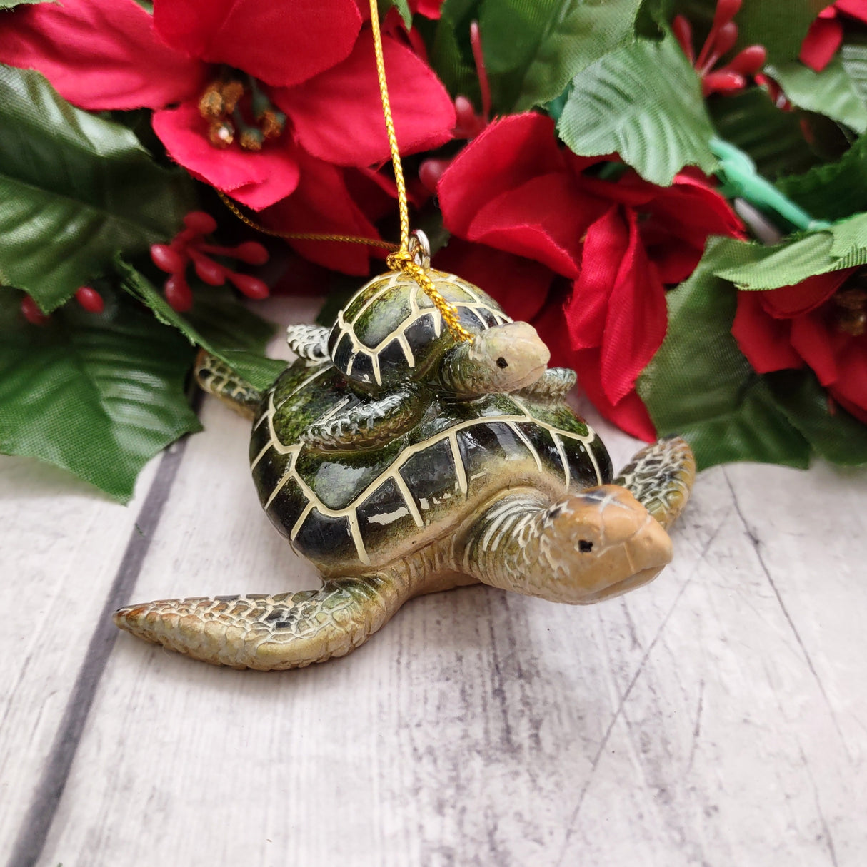 Green Mother Baby Sea Turtle Christmas Ornament Resin (1 turtle approx. 3.5+ inches) Green Resin Sea Turtle Pair Figure for holiday décor!