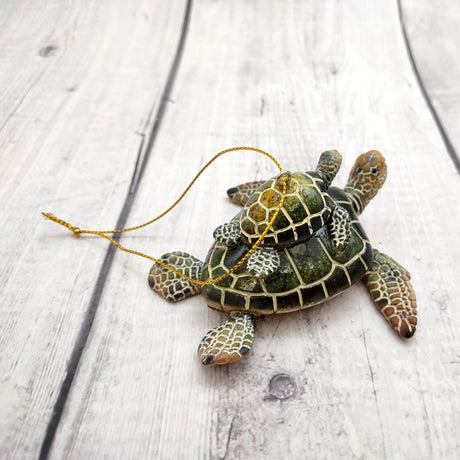 Green Mother Baby Sea Turtle Christmas Ornament Resin (1 turtle approx. 3.5+ inches) Green Resin Sea Turtle Pair Figure for holiday décor!