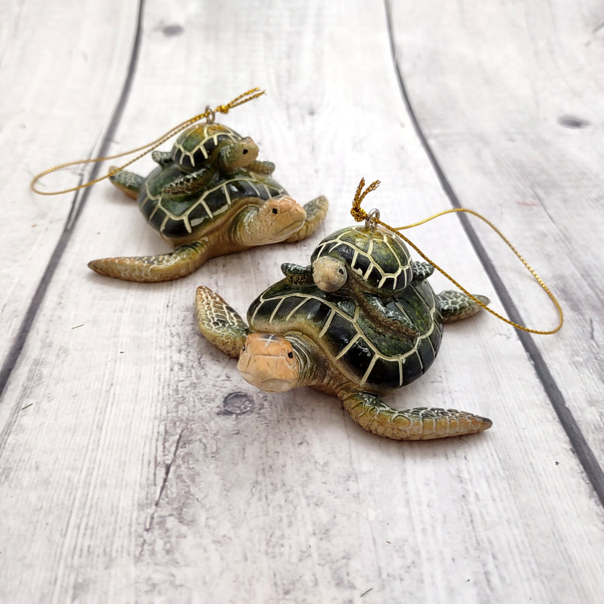 Green Mother Baby Sea Turtle Christmas Ornament Resin (1 turtle approx. 3.5+ inches) Green Resin Sea Turtle Pair Figure for holiday décor!