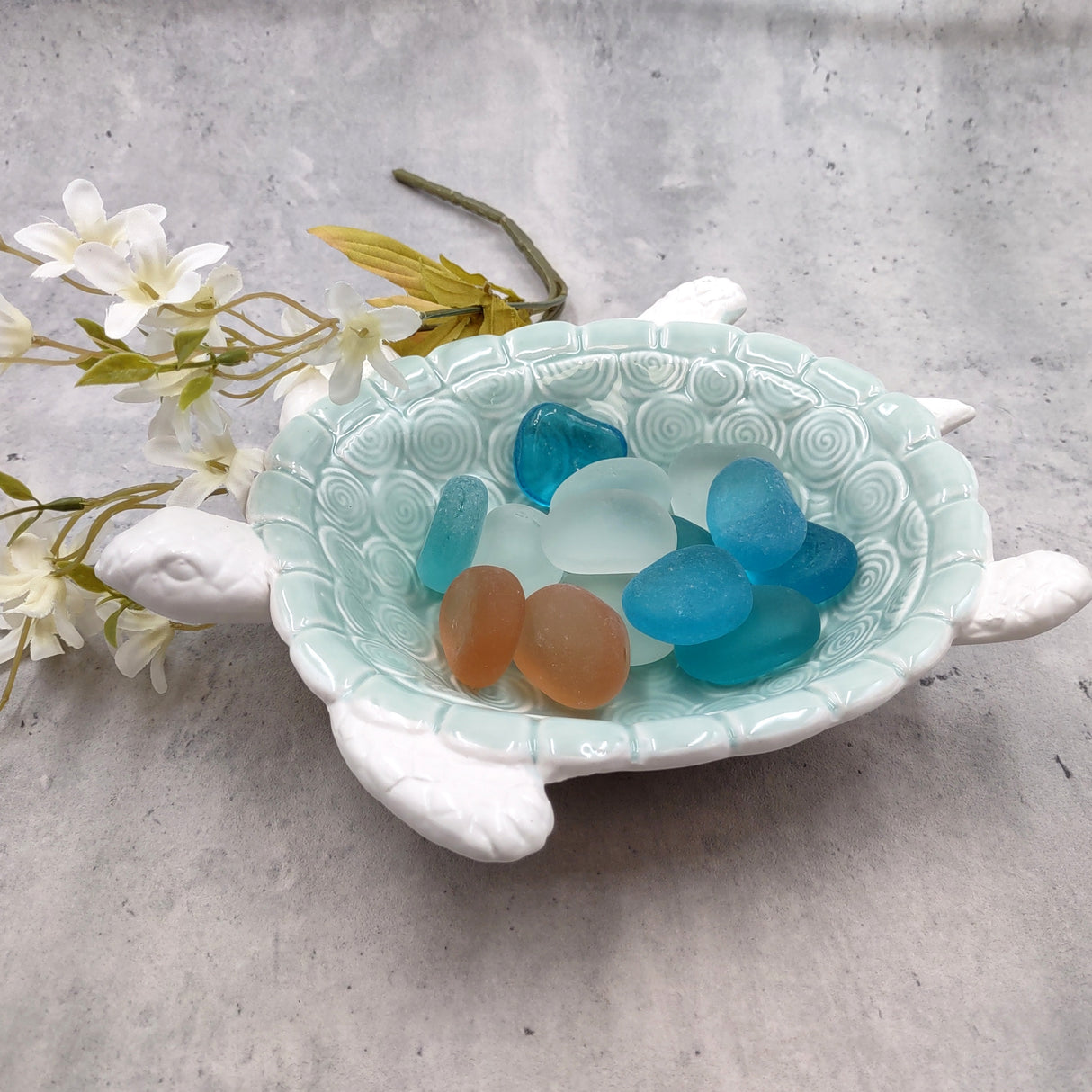 Sea Turtle Light Green White Bowl (1 dish approx. 7+ inches) Green White Sea Turtle Ceramic Dish for gifting jewelry trinkets & candy!