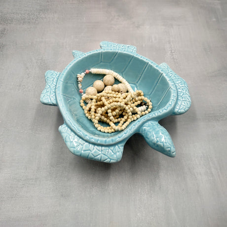 Sea Turtle Powder Blue Bowl (1 dish approx. 6.75+ inches) Blue Sea Turtle Ceramic Dish for gifting jewelry trinkets & candy!