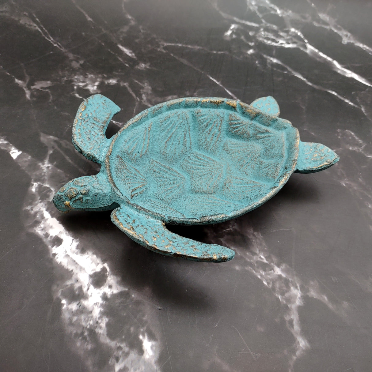 Cast Iron Sea Turtle Green Metal Dish (1 dish approx. 7+ inches wide) Green Metal Sea Turtle Plate adds coastal charm to kitchen & home!
