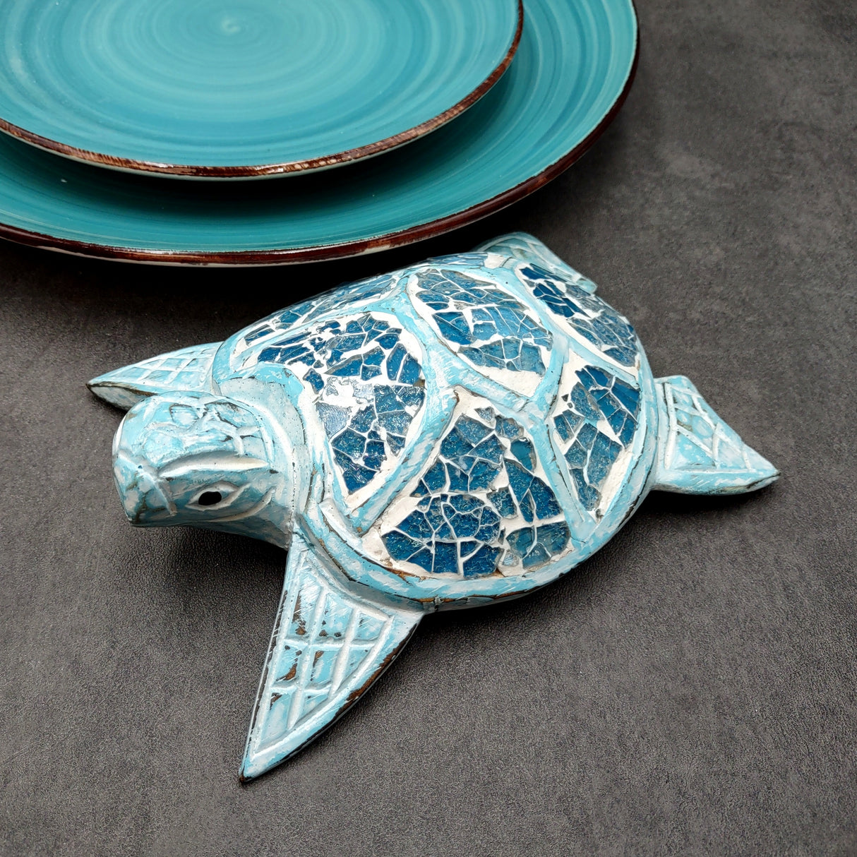 Blue Wood Sea Turtle Sea Glass Shell Figurine (1 figure approx. 6+ inches long) Mosaic Sea Glass Shell Wood Sea Turtle for home decor!