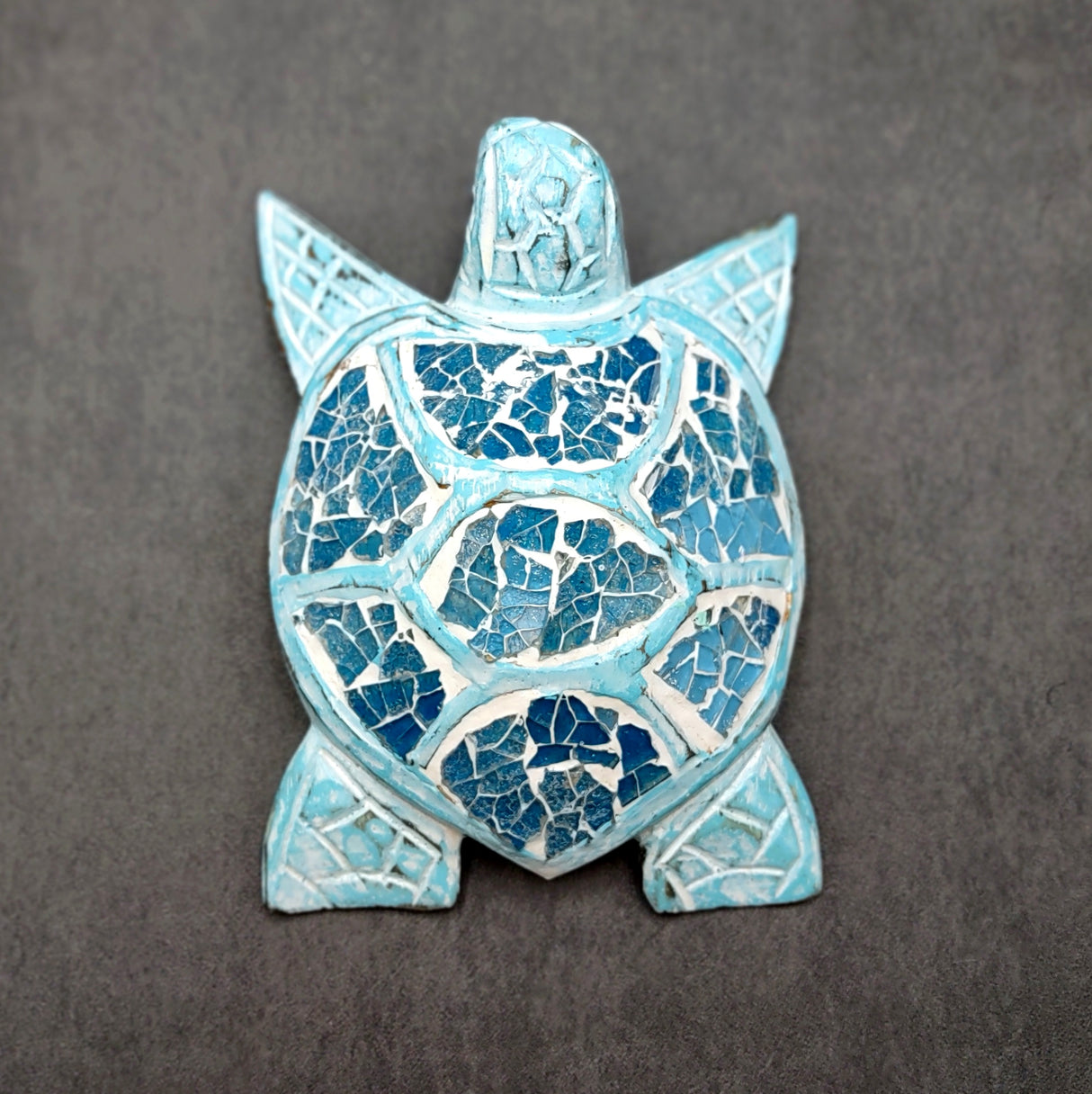 Blue Wood Sea Turtle Sea Glass Shell Figurine (1 figure approx. 6+ inches long) Mosaic Sea Glass Shell Wood Sea Turtle for home decor!
