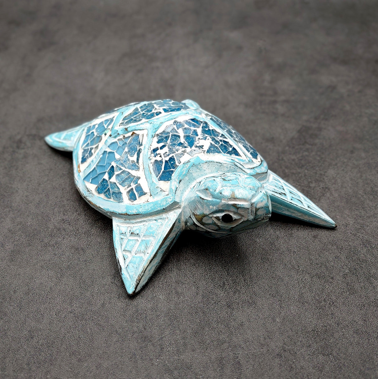 Blue Wood Sea Turtle Sea Glass Shell Figurine (1 figure approx. 6+ inches long) Mosaic Sea Glass Shell Wood Sea Turtle for home decor!