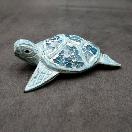 Blue Wood Sea Turtle Sea Glass Shell Figurine (1 figure approx. 6+ inches long) Mosaic Sea Glass Shell Wood Sea Turtle for home decor!