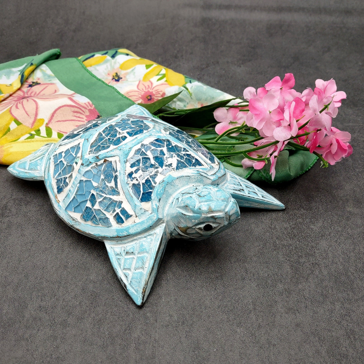Blue Wood Sea Turtle Sea Glass Shell Figurine (1 figure approx. 6+ inches long) Mosaic Sea Glass Shell Wood Sea Turtle for home decor!