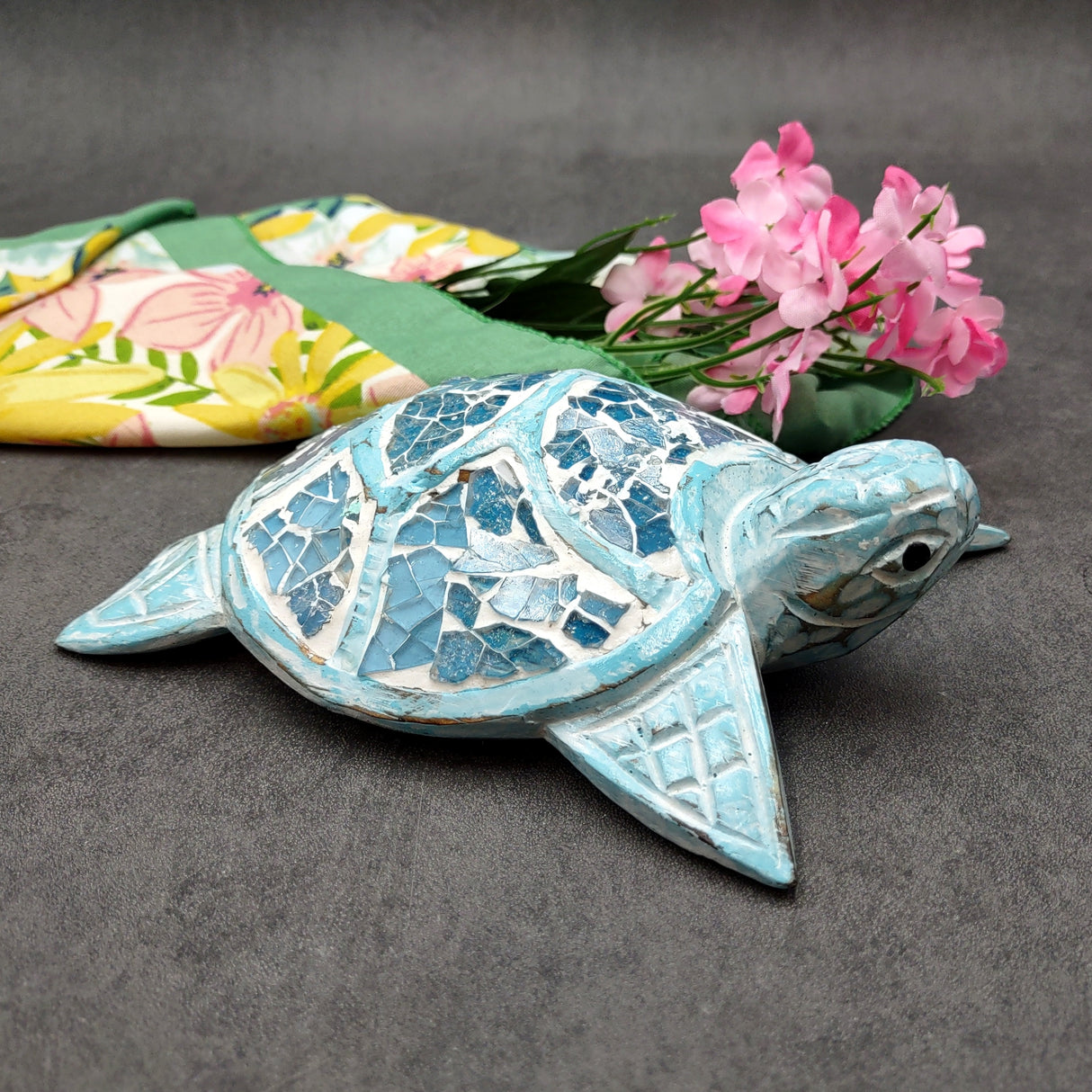 Blue Wood Sea Turtle Sea Glass Shell Figurine (1 figure approx. 6+ inches long) Mosaic Sea Glass Shell Wood Sea Turtle for home decor!