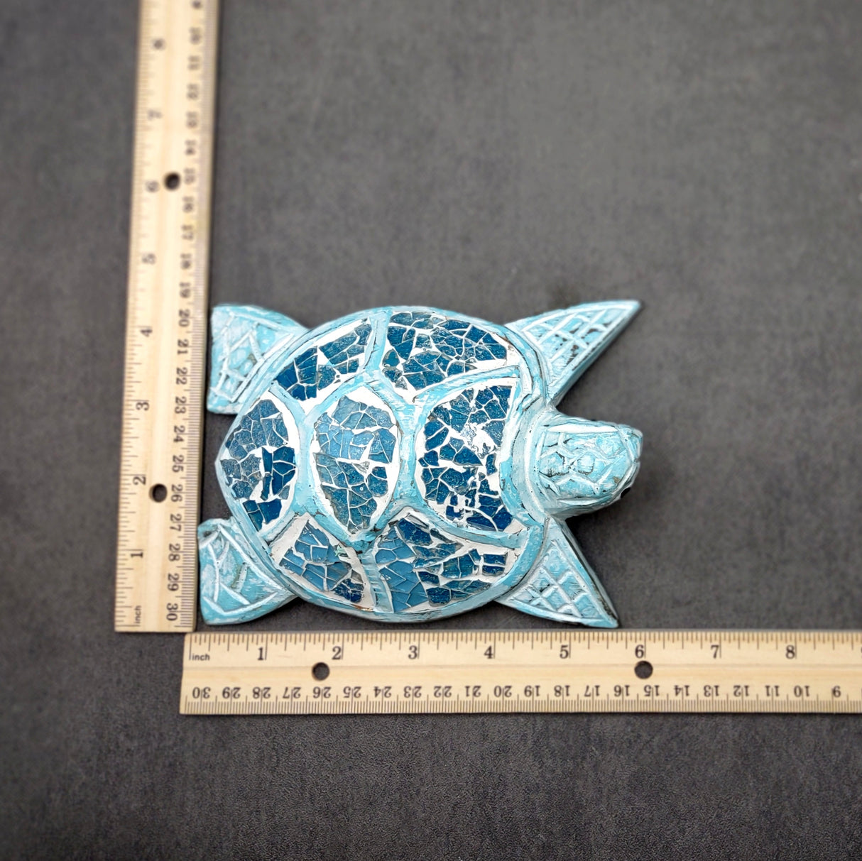 Blue Wood Sea Turtle Sea Glass Shell Figurine (1 figure approx. 6+ inches long) Mosaic Sea Glass Shell Wood Sea Turtle for home decor!