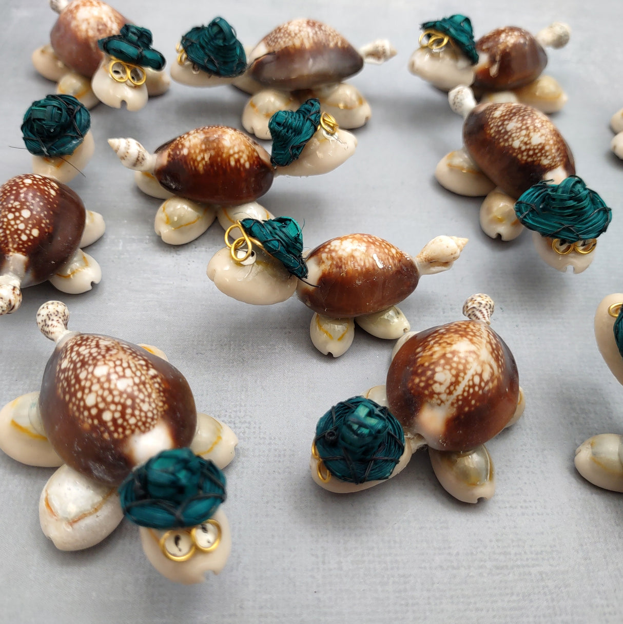 Cowrie Shell Sea Turtle Figurines Dark Green Hat (3 figures approx. 2+ inches) Cute Cowrie Seashell Sea Turtles for gifts decor & display!