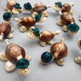 Cowrie Shell Sea Turtle Figurines Dark Green Hat (3 figures approx. 2+ inches) Cute Cowrie Seashell Sea Turtles for gifts decor & display!
