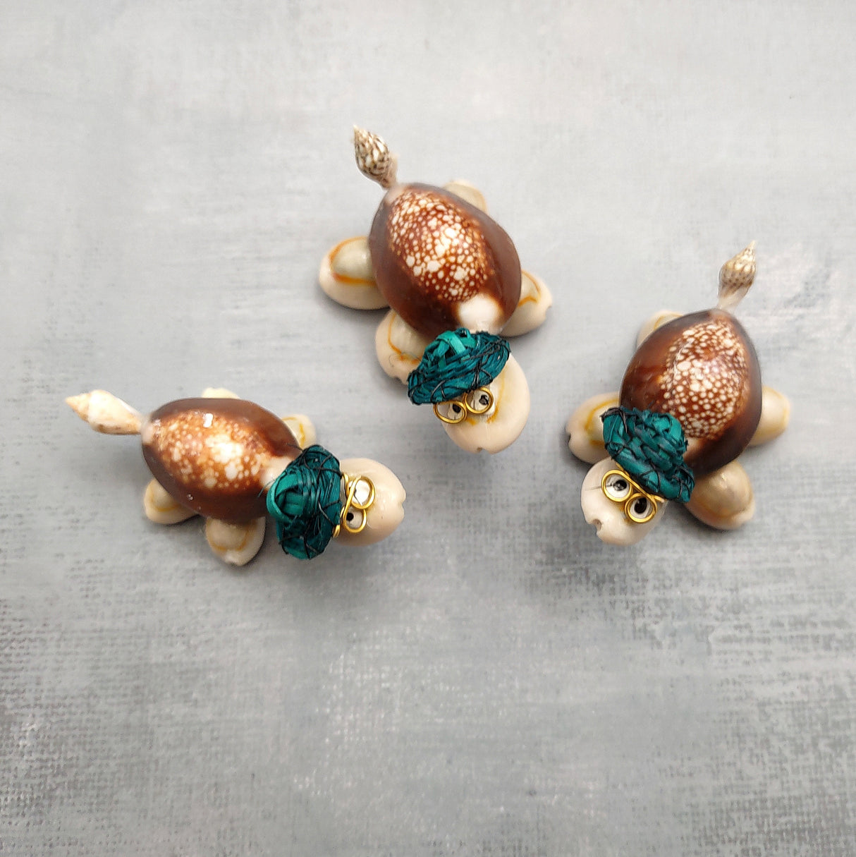 Cowrie Shell Sea Turtle Figurines Dark Green Hat (3 figures approx. 2+ inches) Cute Cowrie Seashell Sea Turtles for gifts decor & display!
