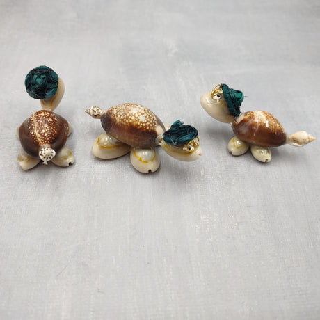 Cowrie Shell Sea Turtle Figurines Dark Green Hat (3 figures approx. 2+ inches) Cute Cowrie Seashell Sea Turtles for gifts decor & display!