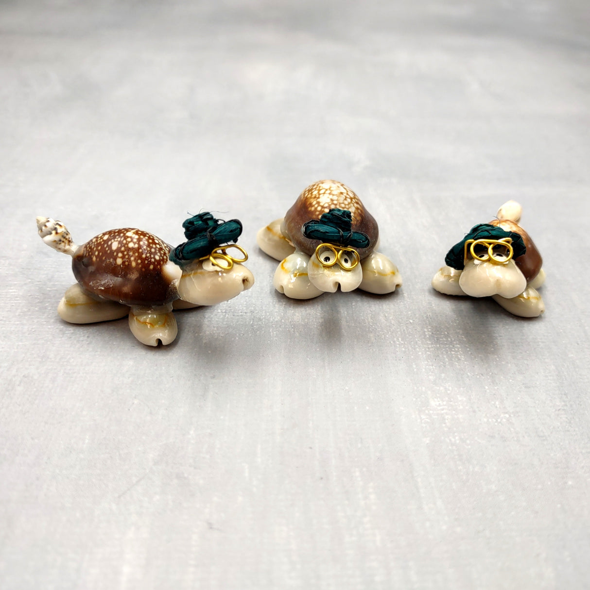Cowrie Shell Sea Turtle Figurines Dark Green Hat (3 figures approx. 2+ inches) Cute Cowrie Seashell Sea Turtles for gifts decor & display!