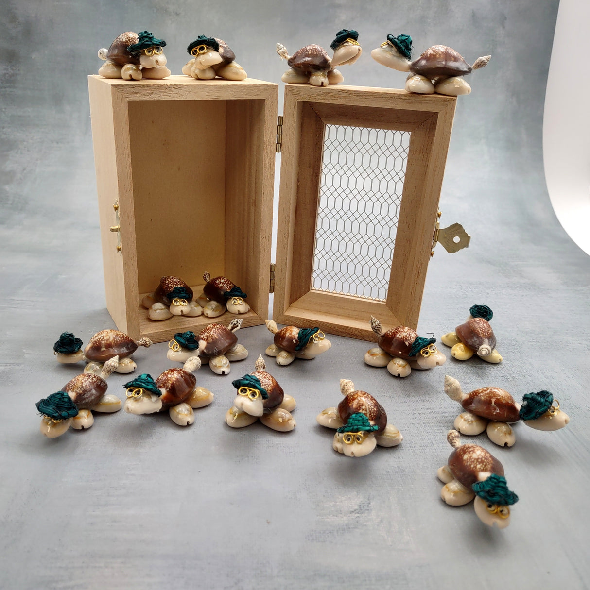 Cowrie Shell Sea Turtle Figurines Dark Green Hat (3 figures approx. 2+ inches) Cute Cowrie Seashell Sea Turtles for gifts decor & display!