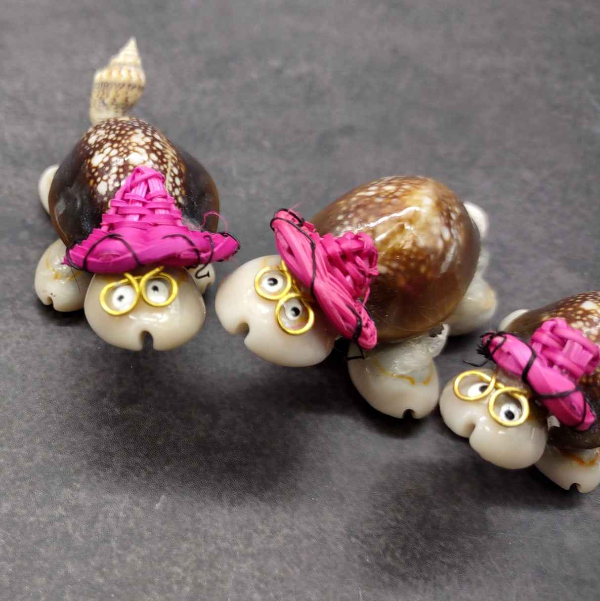 Cowrie Shell Sea Turtle Figurines Pink Hat (3 figures approx. 2+ inches) Cute Cowrie Seashell Sea Turtles for gifts decor & display!