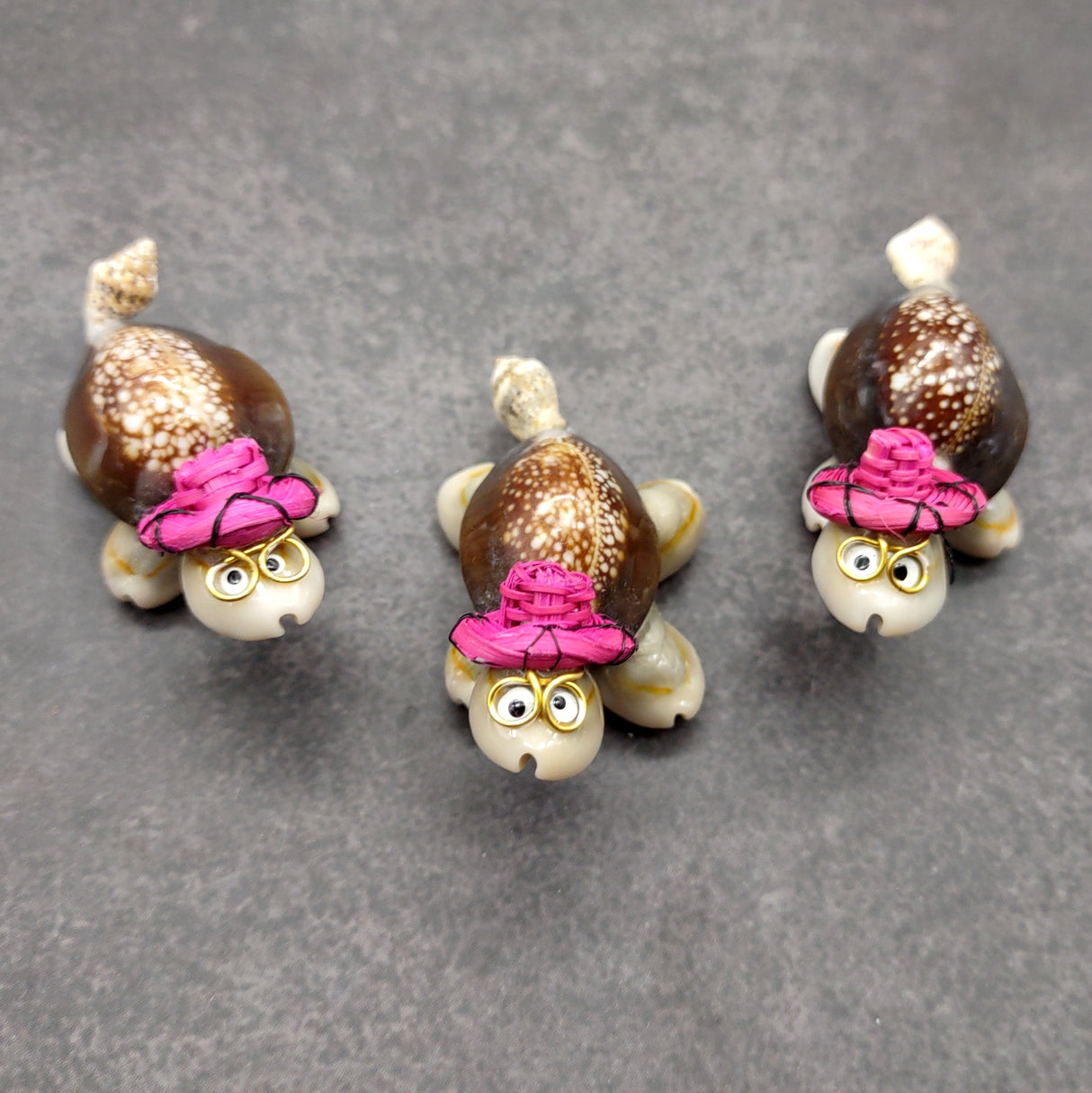 Cowrie Shell Sea Turtle Figurines Pink Hat (3 figures approx. 2+ inches) Cute Cowrie Seashell Sea Turtles for gifts decor & display!