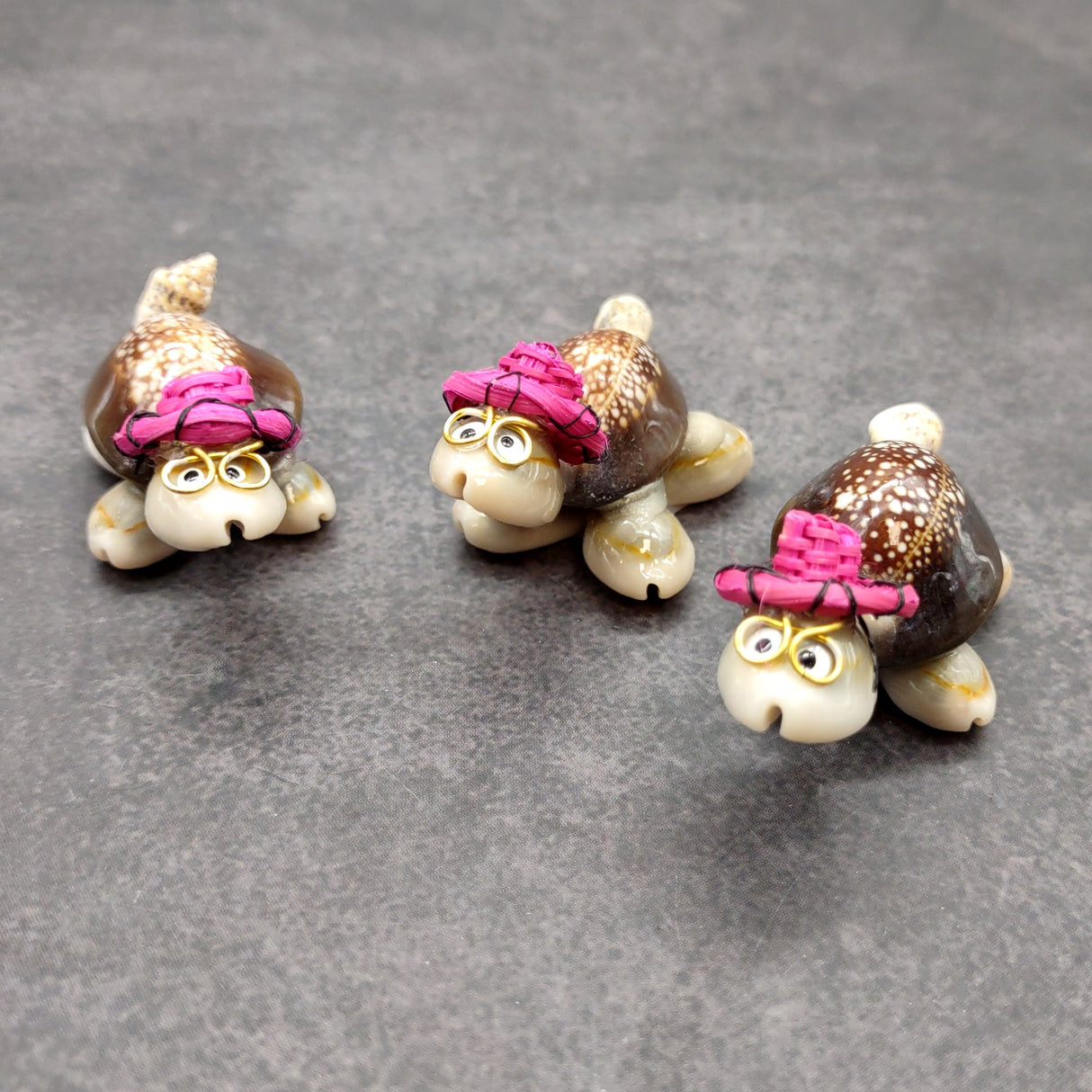 Cowrie Shell Sea Turtle Figurines Pink Hat (3 figures approx. 2+ inches) Cute Cowrie Seashell Sea Turtles for gifts decor & display!