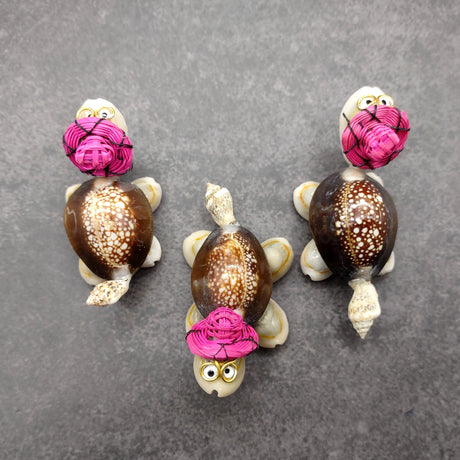 Cowrie Shell Sea Turtle Figurines Pink Hat (3 figures approx. 2+ inches) Cute Cowrie Seashell Sea Turtles for gifts decor & display!