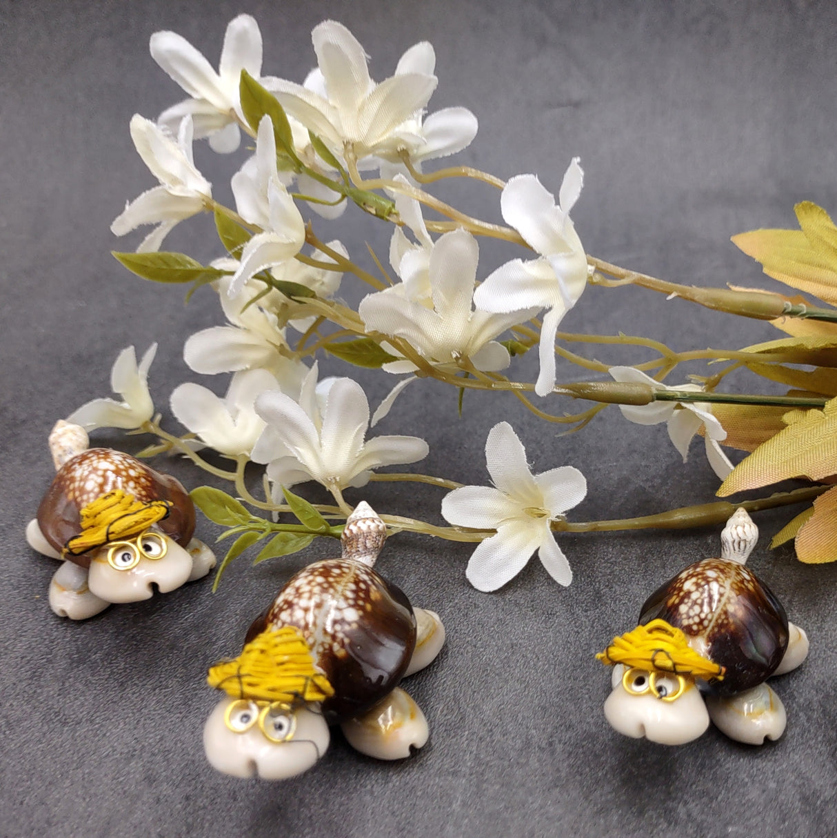 Cowrie Shell Sea Turtle Figurines Yellow Hat (3 figures approx. 2+ inches) Cute Cowrie Seashell Sea Turtles for gifts decor & display!