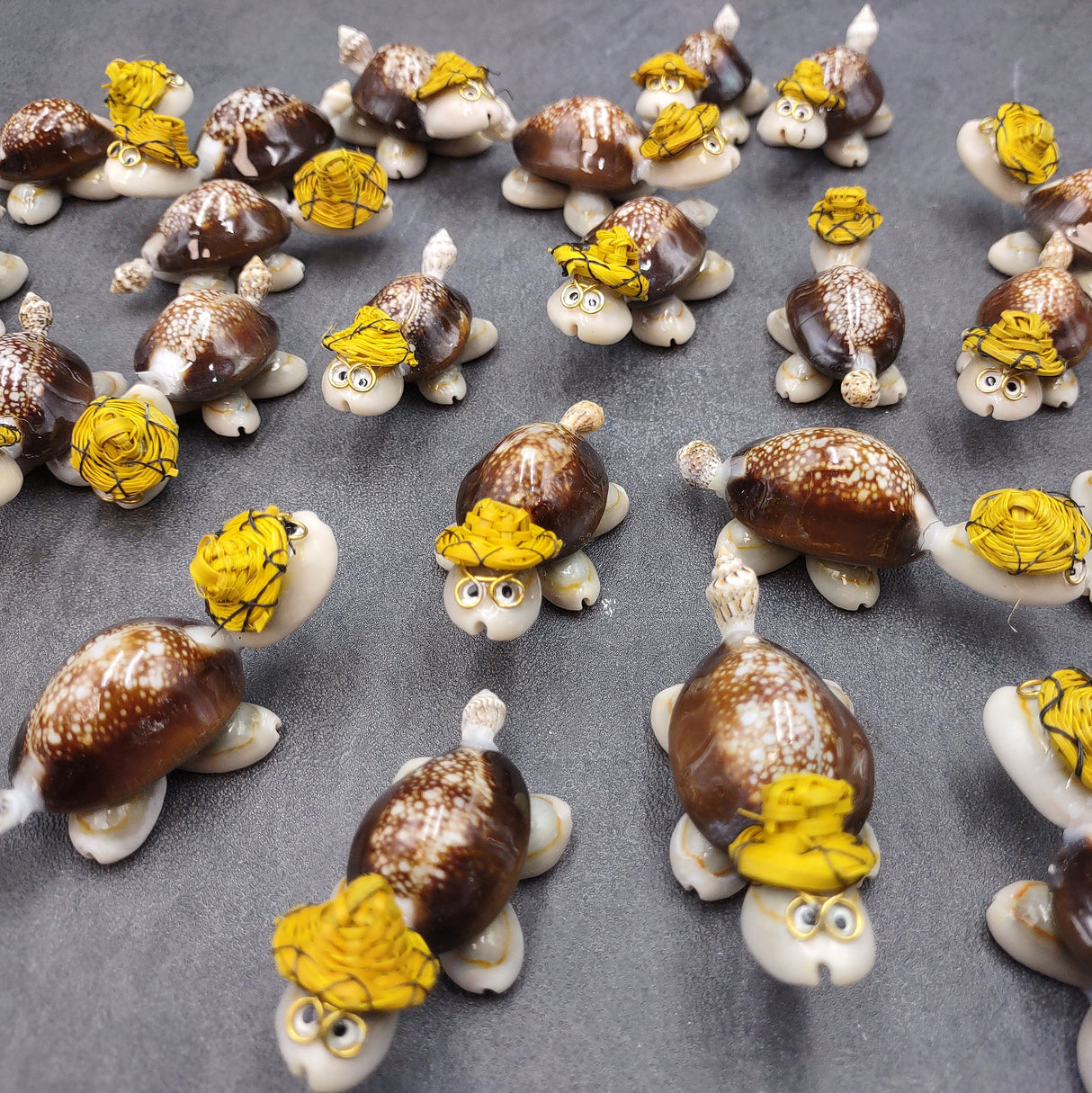 Cowrie Shell Sea Turtle Figurines Yellow Hat (3 figures approx. 2+ inches) Cute Cowrie Seashell Sea Turtles for gifts decor & display!
