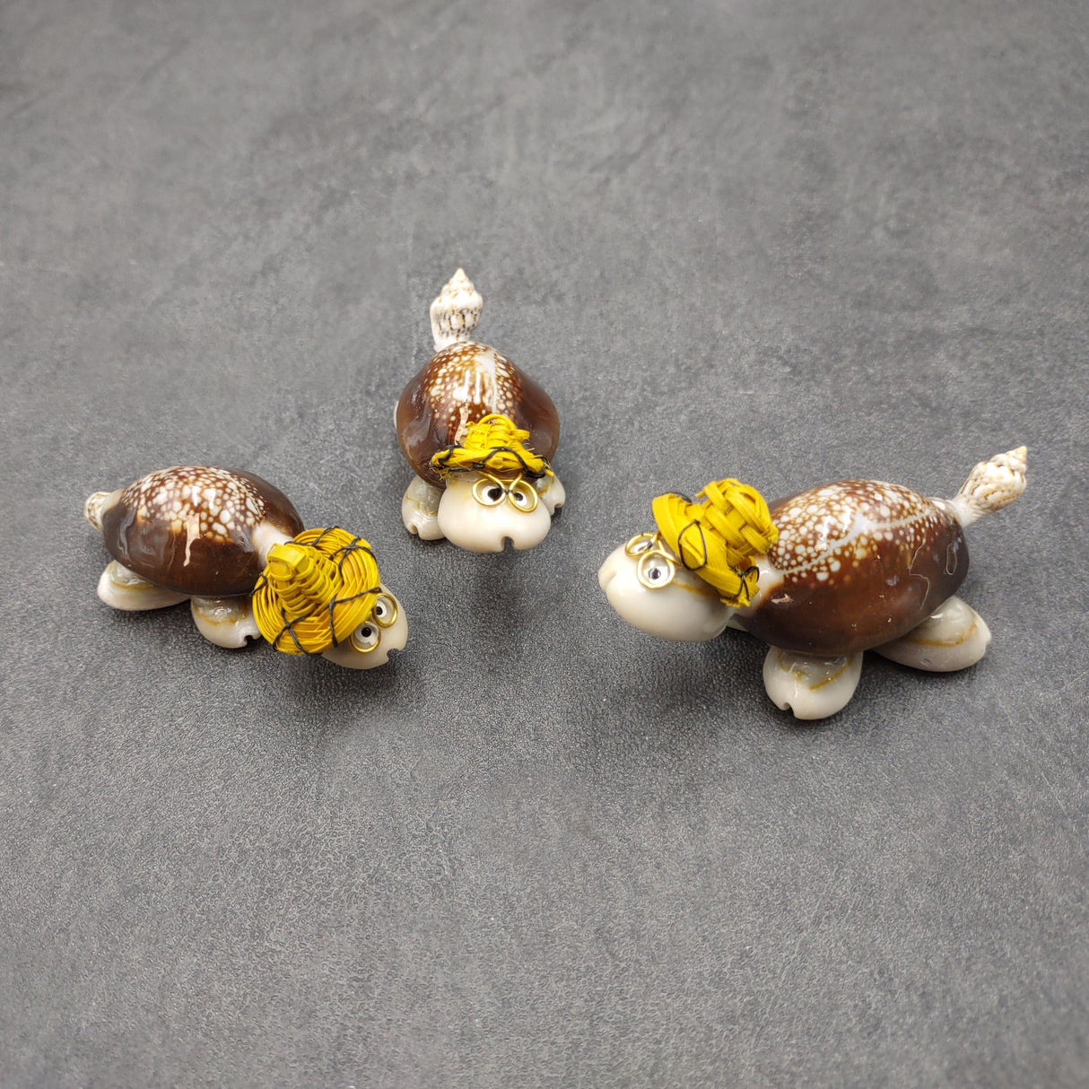 Cowrie Shell Sea Turtle Figurines Yellow Hat (3 figures approx. 2+ inches) Cute Cowrie Seashell Sea Turtles for gifts decor & display!