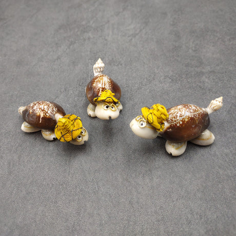 Cowrie Shell Sea Turtle Figurines Yellow Hat (3 figures approx. 2+ inches) Cute Cowrie Seashell Sea Turtles for gifts decor & display!