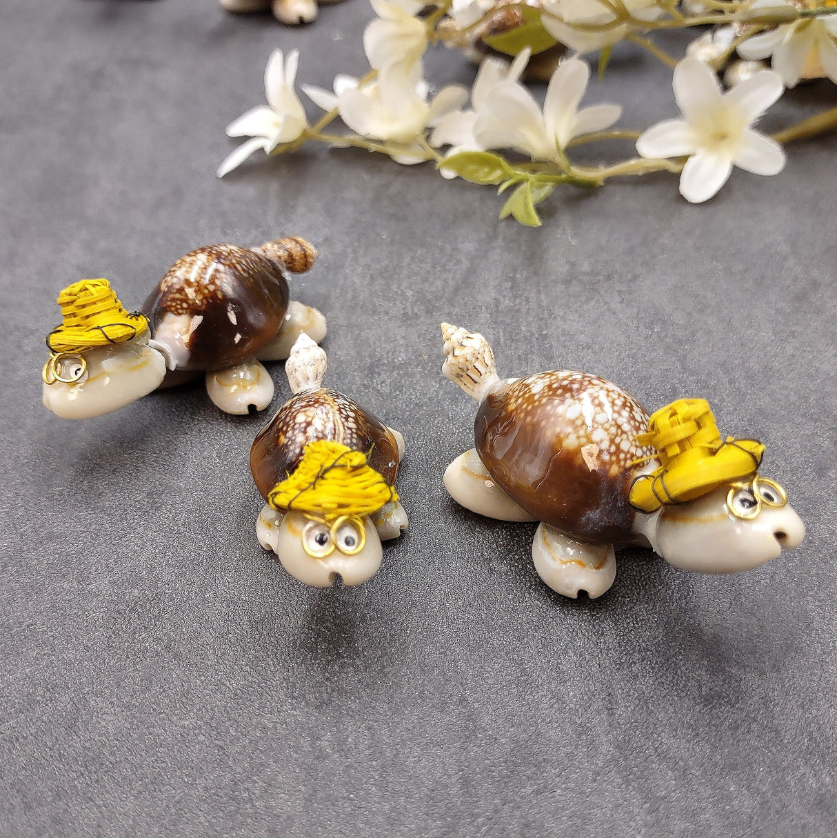 Cowrie Shell Sea Turtle Figurines Yellow Hat (3 figures approx. 2+ inches) Cute Cowrie Seashell Sea Turtles for gifts decor & display!