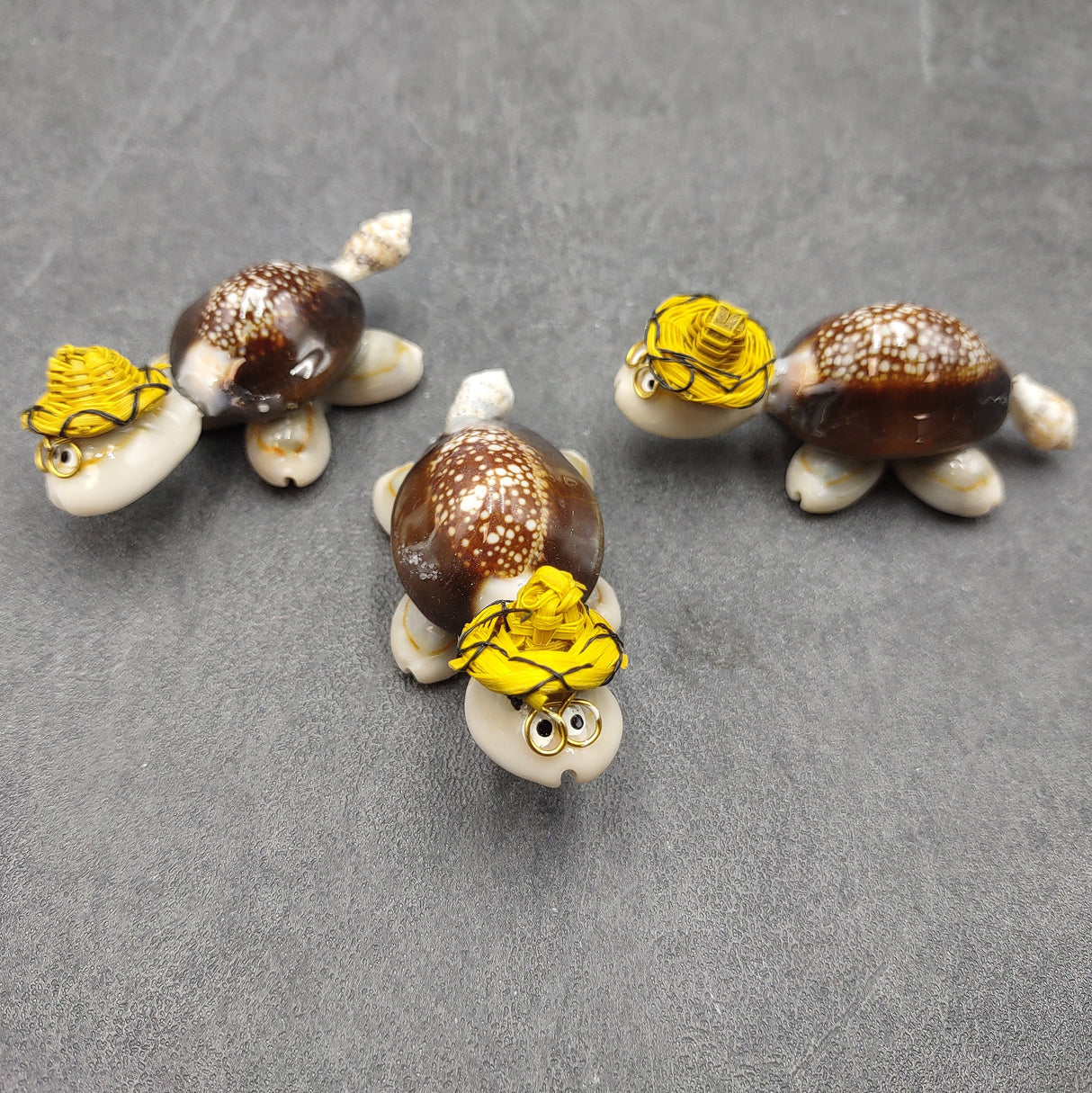 Cowrie Shell Sea Turtle Figurines Yellow Hat (3 figures approx. 2+ inches) Cute Cowrie Seashell Sea Turtles for gifts decor & display!