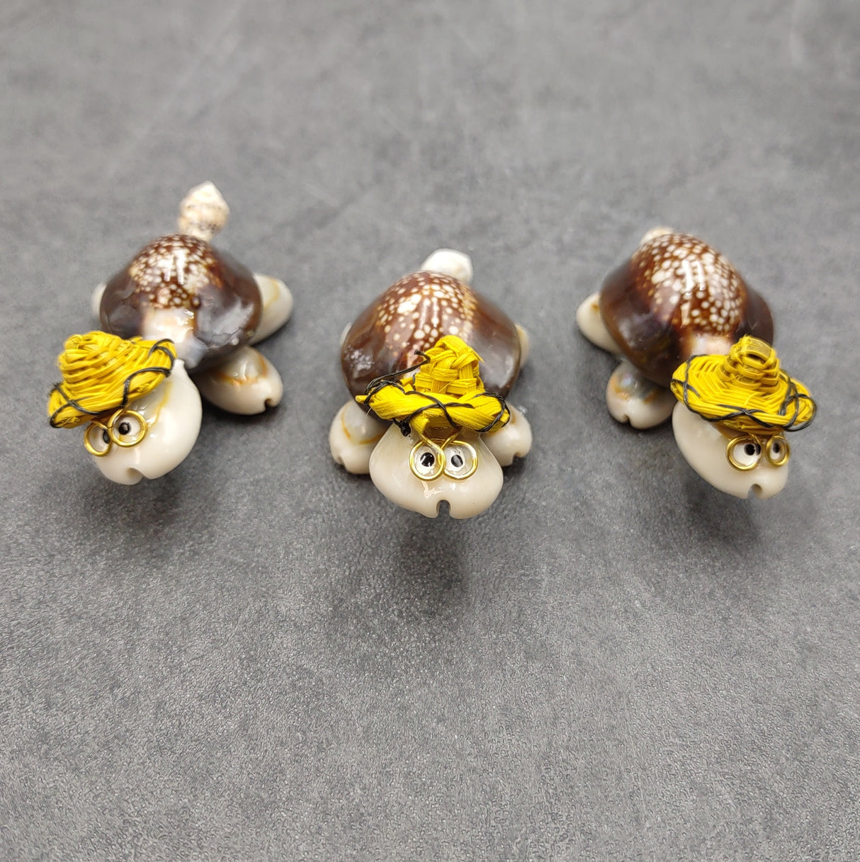 Cowrie Shell Sea Turtle Figurines Yellow Hat (3 figures approx. 2+ inches) Cute Cowrie Seashell Sea Turtles for gifts decor & display!