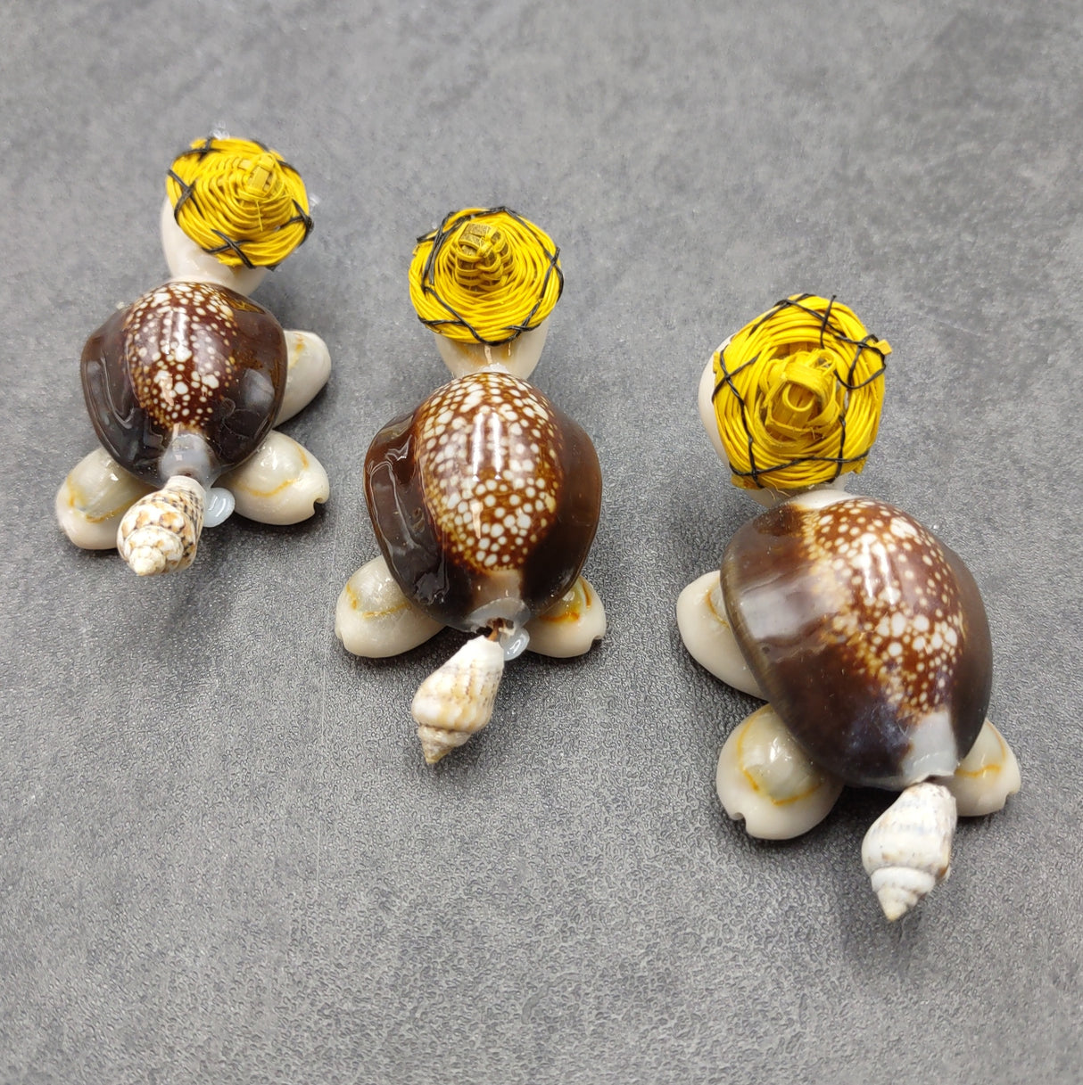 Cowrie Shell Sea Turtle Figurines Yellow Hat (3 figures approx. 2+ inches) Cute Cowrie Seashell Sea Turtles for gifts decor & display!