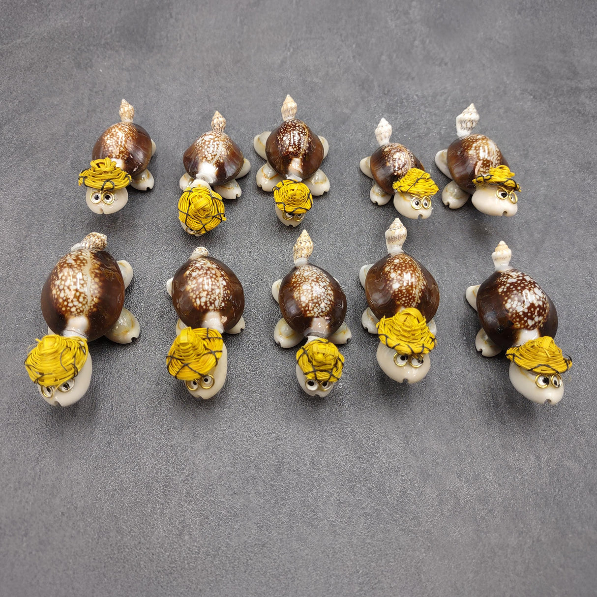 Cowrie Shell Sea Turtle Figurines Yellow Hat (3 figures approx. 2+ inches) Cute Cowrie Seashell Sea Turtles for gifts decor & display!