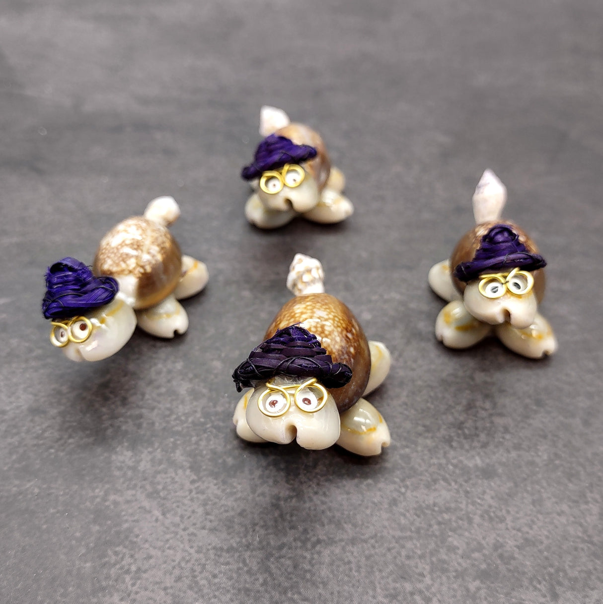 Cowrie Shell Sea Turtle Figurines Purple Hat (3 figures approx. 2+ inches) Cute Cowrie Seashell Sea Turtles for gifts decor & display!