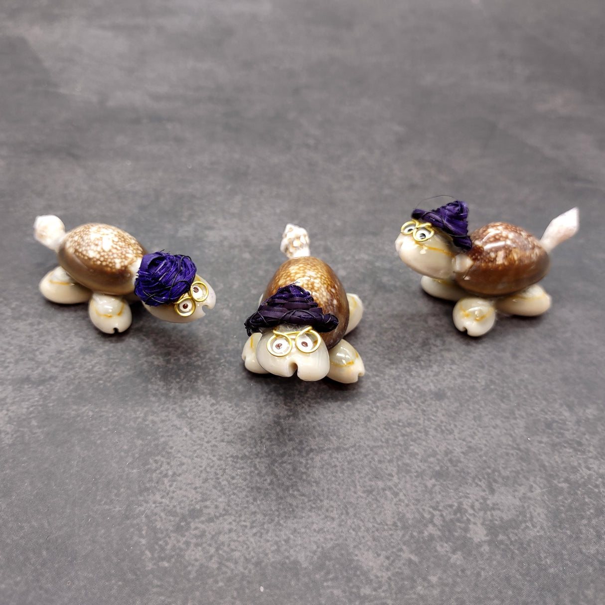 Cowrie Shell Sea Turtle Figurines Purple Hat (3 figures approx. 2+ inches) Cute Cowrie Seashell Sea Turtles for gifts decor & display!