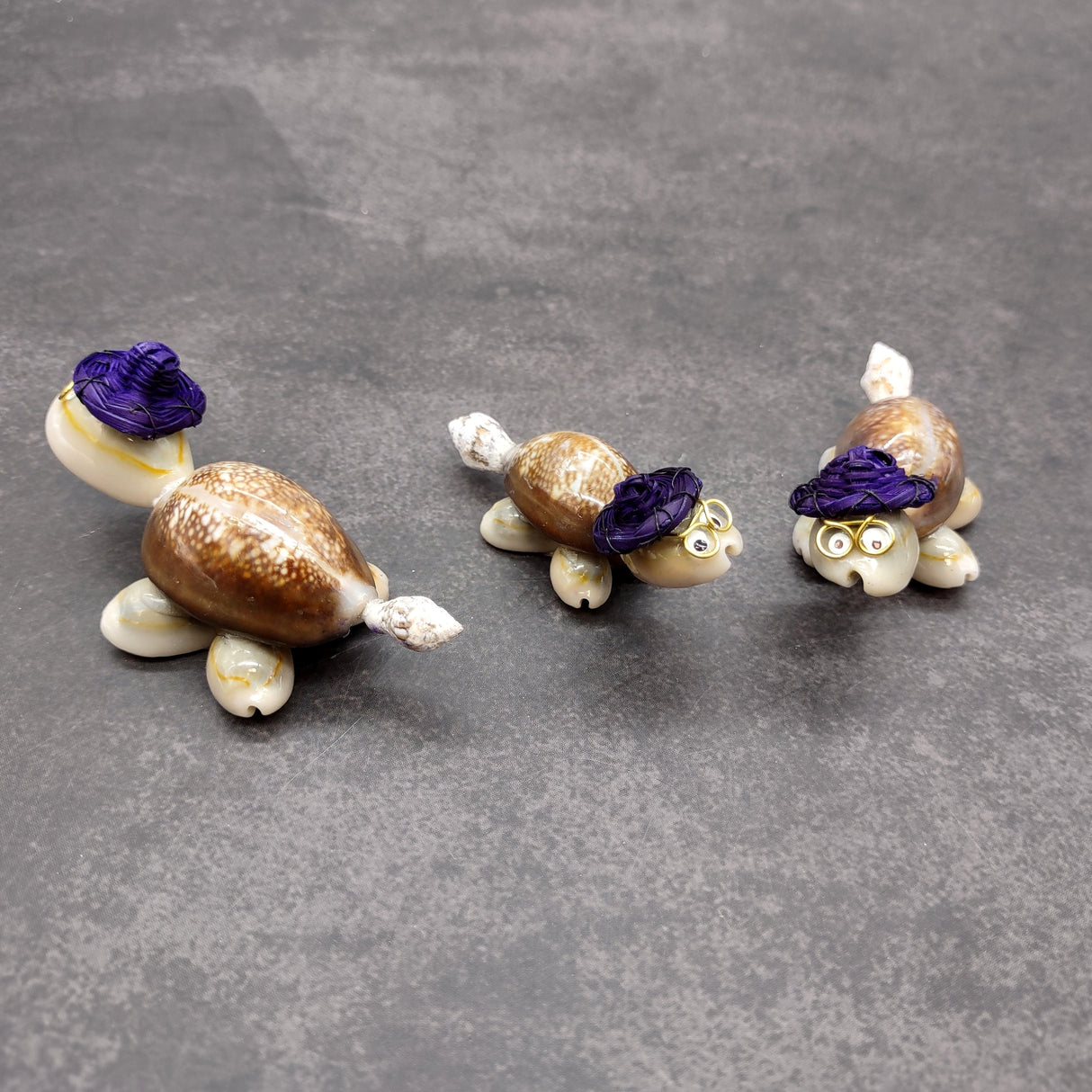 Cowrie Shell Sea Turtle Figurines Purple Hat (3 figures approx. 2+ inches) Cute Cowrie Seashell Sea Turtles for gifts decor & display!